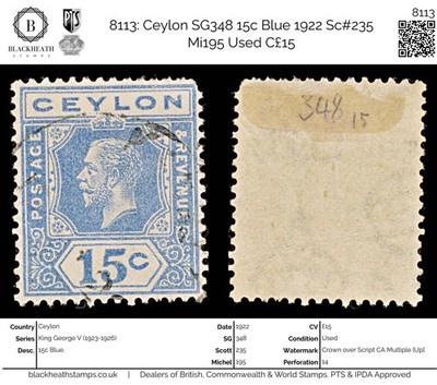 8113-ceylon-sg348-15c-blue-1922-sc-235-mi195-used-c15