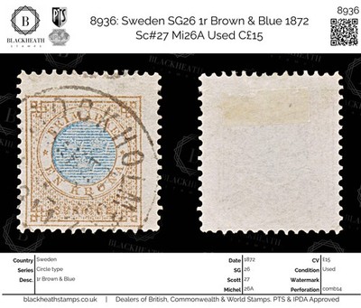 8936-sweden-sg26-1r-brown-blue-1872-sc-27-mi26a-used-c15