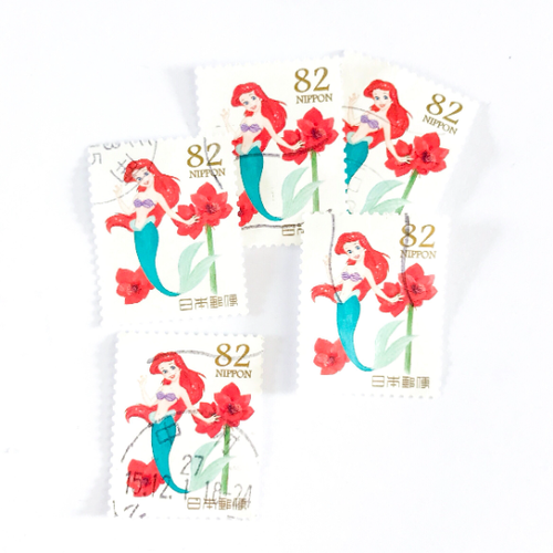 5-x-little-mermaid-used-japanese-postage-stamps-all-off-paper-princess-disney