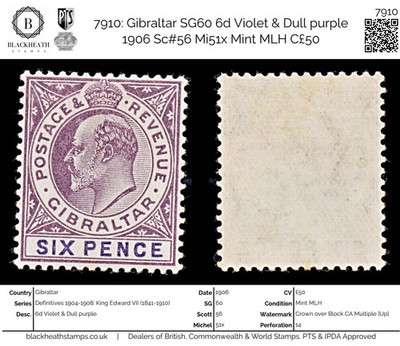 7910-gibraltar-sg60-6d-violet-dull-purple-1906-sc-56-mi51x-mint-mlh-c50