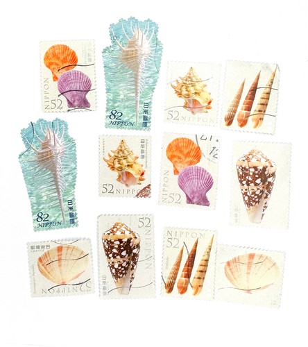 12-x-shells-used-japanese-postage-stamps-all-off-paper-shell-beach-seaside