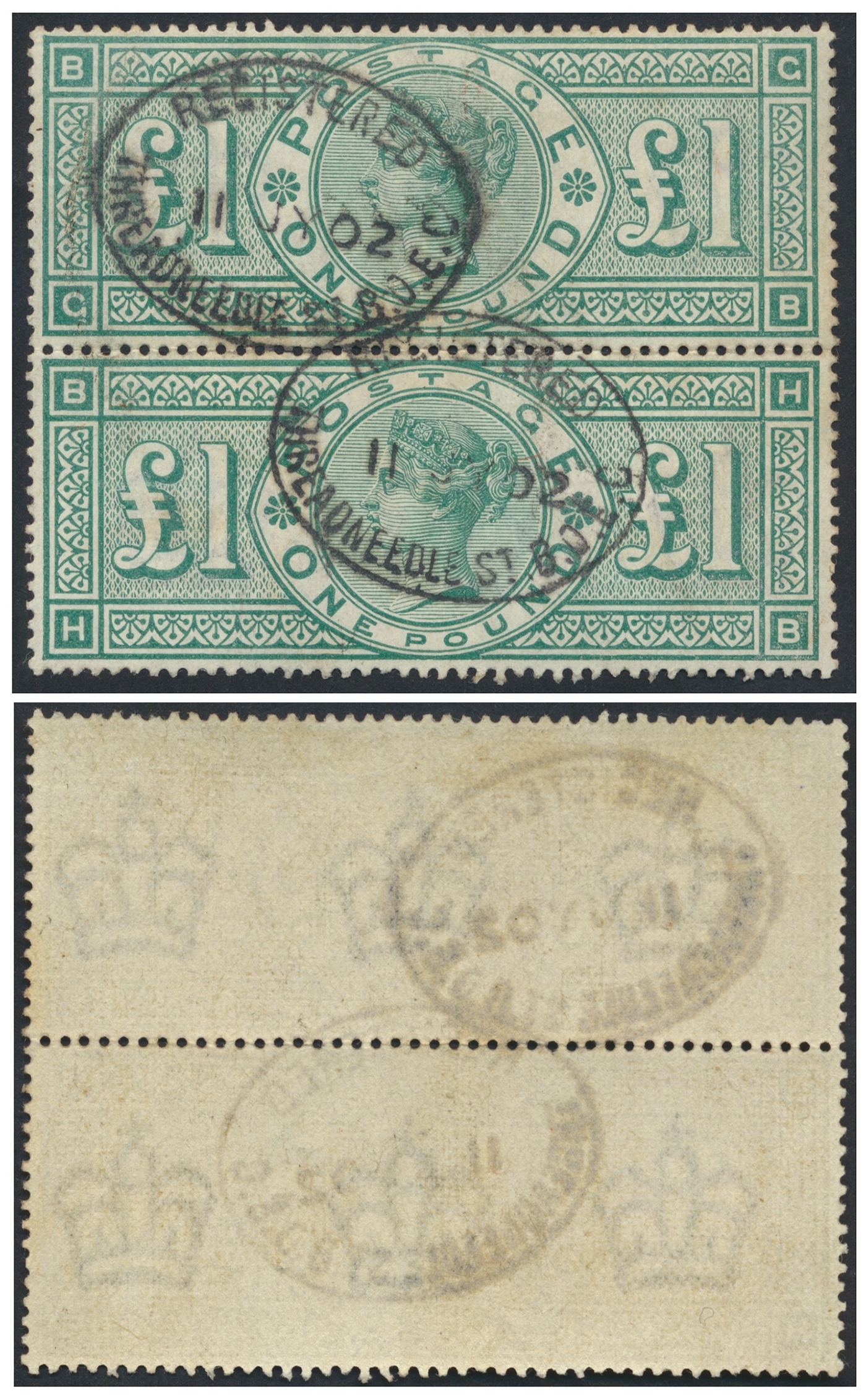 qv-sg-212-1891-1-green-vertical-pair-u-bg-bh-with-two-threadneedle-street-boec-registered-oval-cancellations