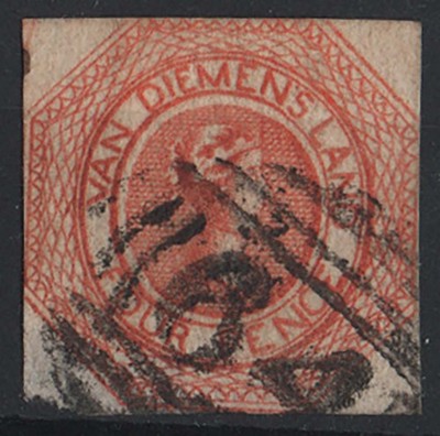 tasmania-1853-4d-plate-1-state-1-red-orange-sg5-used-thinned-at-base