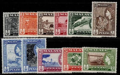 malaysia-penang-qeii-sg44-54-1957-complete-set-m-mint-cat-75