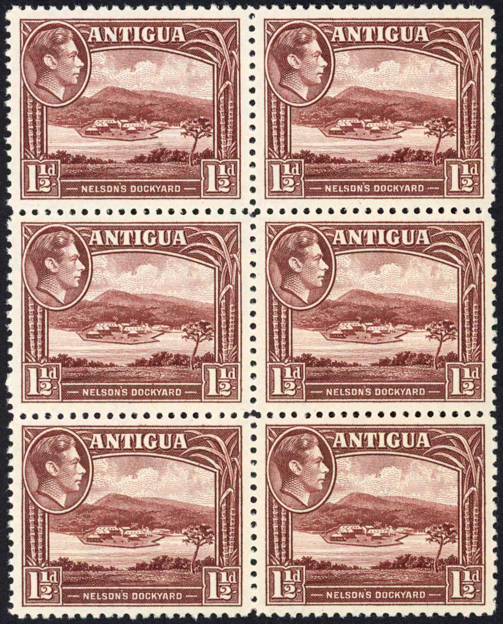antigua-sg100-1-1-2d-dull-reddish-brown-block-of-six-u-m-cat-24-pounds