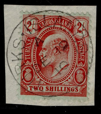turks-caicos-islands-edvii-sg125-2s-red-green-vfu-cat-75-cds-pmk-on-piece
