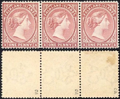 falkland-is-sg7w-1d-pale-claret-wmk-ca-sideways-to-right-strip-cat-390-pounds