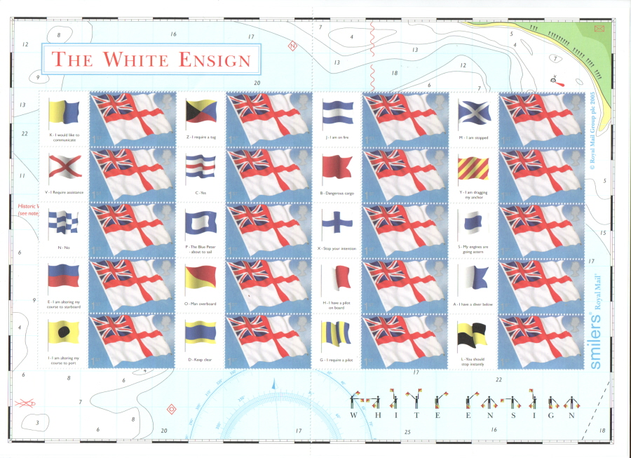 royal-mail-20-x-1st-gb-2005-ls25-the-white-ensign-smiler-sheet-unmounted-mint