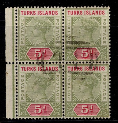 turks-caicos-islands-qv-sg72-5d-olive-green-carmine-used-cat-112-block