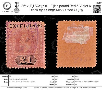 8617-fiji-sg137-1-fijian-pound-red-violet-black-1914-sc-91-mi68i-used-c