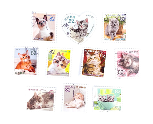 10-x-cat-and-kittens-used-postage-stamps-from-japan-off-paper-cats