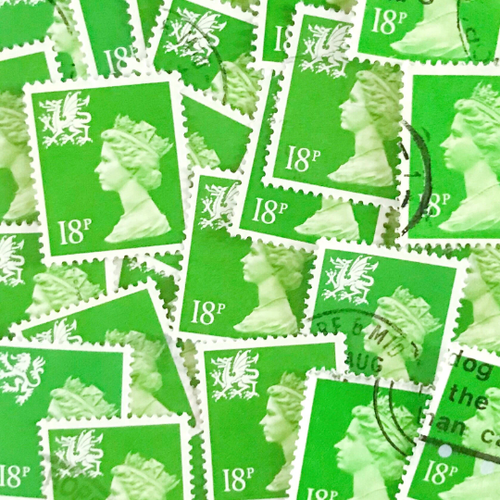 25-x-bright-green-used-british-18p-machin-postage-stamps-all-off