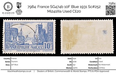 7984-france-sg474b-10f-blue-1931-sc-252-mi241iiia-used-c20