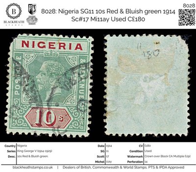 8028-nigeria-sg11-10s-red-bluish-green-1914-sc-17-mi11ay-used-c180