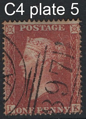 gb-1854-1d-red-die-2-sc16-plate-5-lk-vfu-sg21-c4-small-crown-perf-16-c65