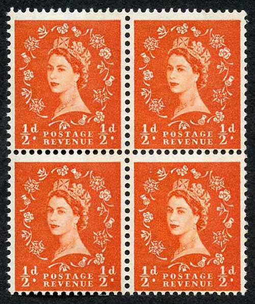 s11-1-2d-orange-red-crowns-wmk-u-m-block-4-wide-band-at-right-trace-at-left