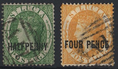st-lucia-1881-d-green-4d-yellow-wmk-ca-sg25-27-vfu-neat-a11-numeral-c75