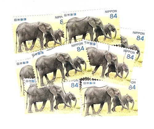 elephant-and-baby-calf-stamps-used-japanese-10-x-postage-stamps-off-paper