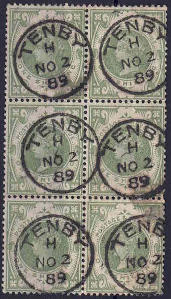 sg-211-1-green-a-most-attractive-block-of-six-2-x-3-with-exceptional-tenby-cds-two-small-spots-of-rusting-to-back
