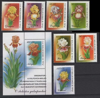 uzbekistan-2002-irises-set-of-7-m-sheet-um-sg435-442-flowers-thematic