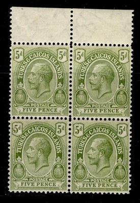 turks-caicos-islands-gv-sg135-5d-pale-olive-green-nh-mint-cat-26-block-x4