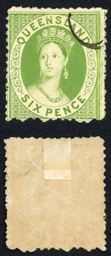 queensland-1874-6d-proof-in-green-no-wmk-perf-13-scarce-with-gum-creased