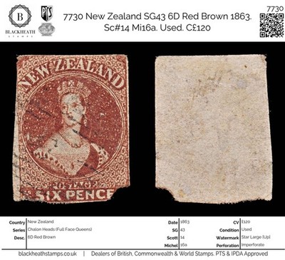 7730-new-zealand-sg43-6d-red-brown-1863-sc-14-mi16a-used-c120