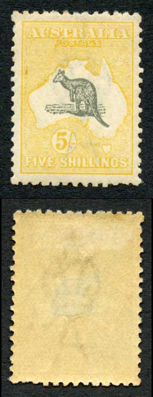 australia-sg42-5-grey-and-yellow-kangaroo-wmk-3rd-crown-m-m-toned-gum
