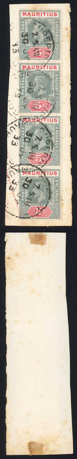 mauritius-sg227a-5c-grey-and-carmine-die-1-strip-of-4-cat-26-pounds