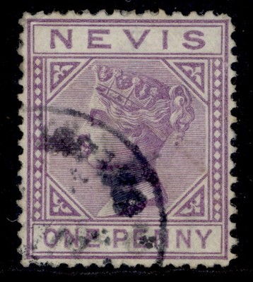 st-kitts-nevis-nevis-qv-sg23-1d-lilac-mauve-fine-used-cat-50-wmk-cc