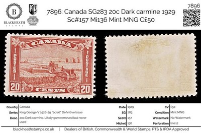 7896-canada-sg283-20c-dark-carmine-1929-sc-157-mi136-mint-mng-c50