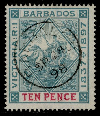 barbados-qv-sg123-10d-blue-green-carmine-very-fine-used-cat-55-cds