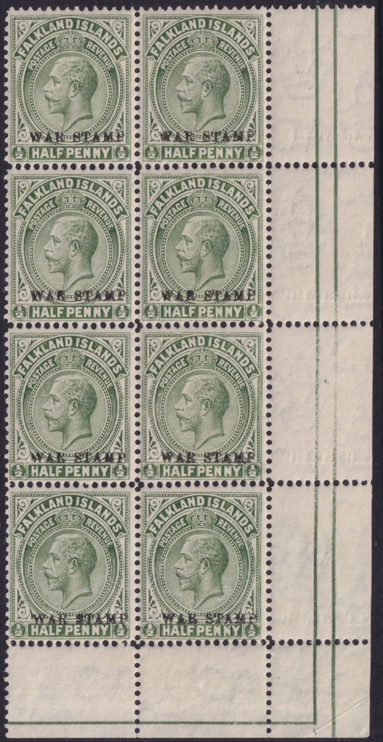 falkland-islands-1918-d-green-war-tax-block-of-eight-with-reversed-albino-overprint-in-margin