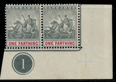 barbados-qv-sg105-d-slate-grey-carmine-nh-mint-marginal-pair-plate-1