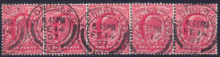 edvii-1902-scarlet-sg219-strip-of-5-london-cds