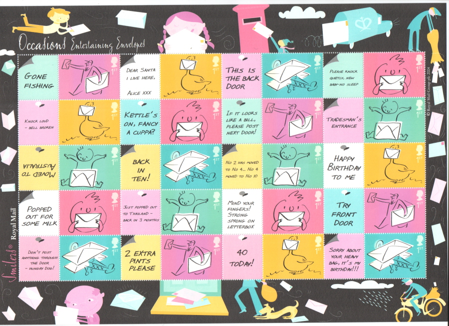 ls18-gb-2004-20-x-1st-entertaining-envelopes-occasions-smiler-sheet-u-m