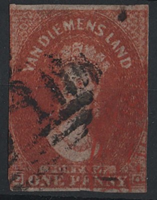 tasmania-1856-1d-red-brown-pelure-paper-sg24-fu-2-good-margins-others