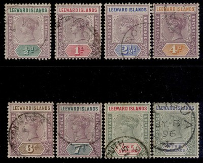 leeward-islands-qv-sg1-8-1890-complete-set-used-cat-375-cds-pmks