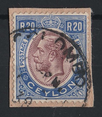 ceylon-1927-20r-dull-purple-blue-fu-on-piece-sg367-c475