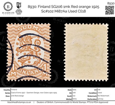 8930-finland-sg206-1mk-red-orange-1925-sc-102-mi87aa-used-c18