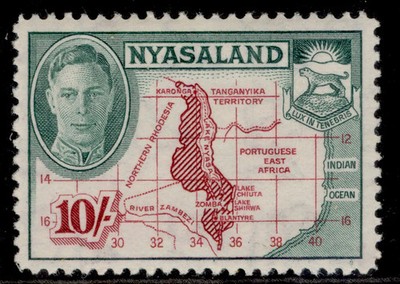 nyasaland-protectorate-gvi-sg156-10s-claret-emerald-m-mint-cat-25