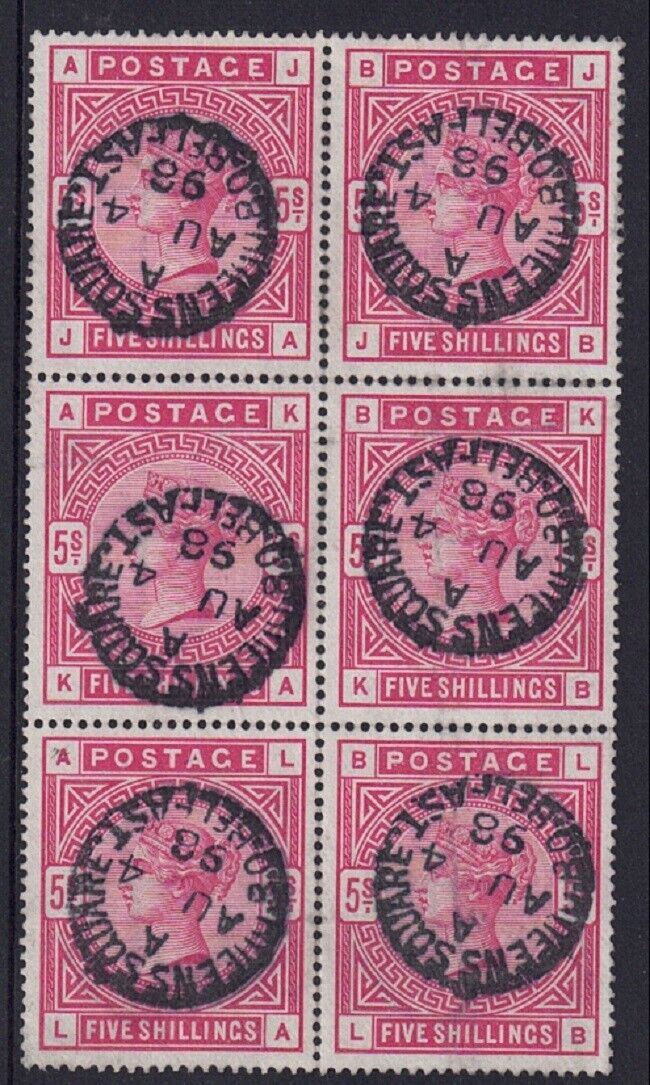 qv-1883-84-sg180-rose-5-block-of-6-superb-belfast-1898-cds-fine-used