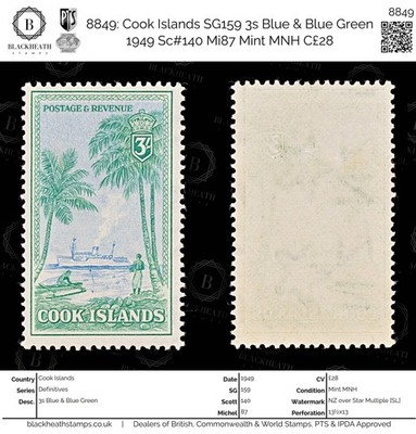 8849-cook-islands-sg159-3s-blue-blue-green-1949-sc-140-mi87-mint-mnh-c28