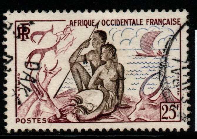 french-west-africa-sg74-1954-25f-natives-animals-sailing-canoe-fine-used