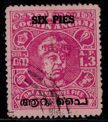 indian-states-cochin-gvi-sg119-6a-on-1a-3p-magenta-used