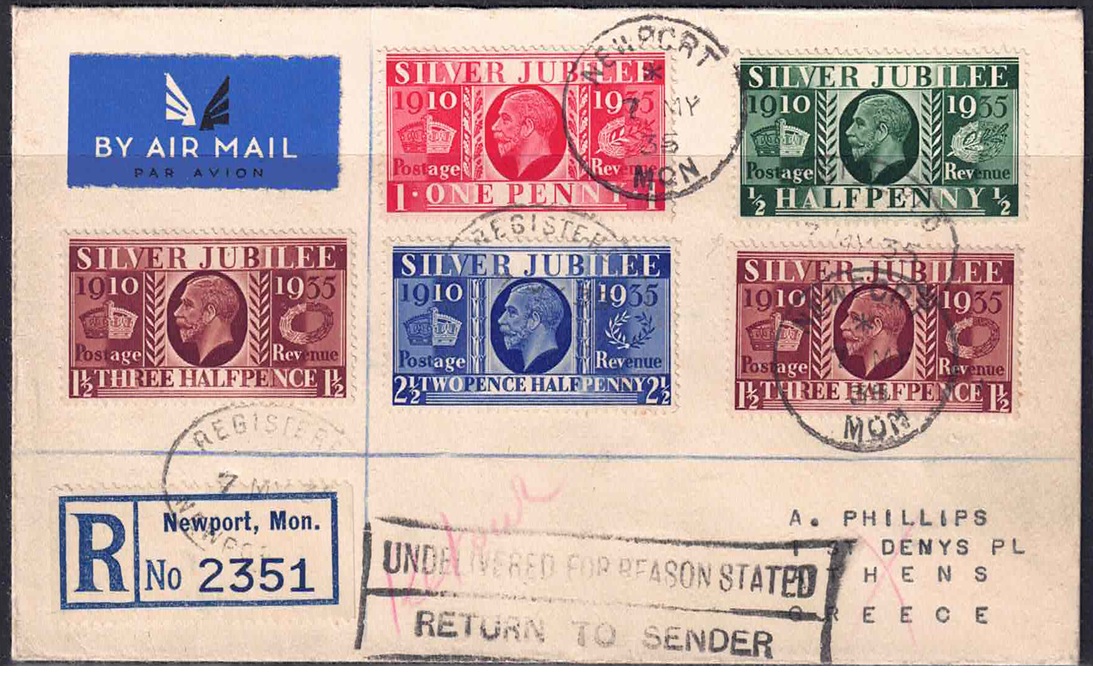 gb-fdc-kgv-silver-jubilee-1935-non-illustrated-envelope-registered-set-with-additional-1-5d-for-airmail-to-athens-greece-boxed-undelivered-for-reasons-stated-return-to-sender-dated-7th-may-35-cat-650