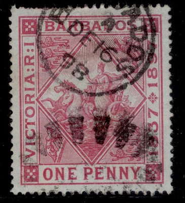 barbados-qv-sg127-1d-carmine-used-cat-40-cds-blued-paper