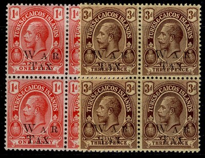 turks-caicos-islands-gv-sg150-151-1919-wat-tax-set-lh-mint-blocks-x4