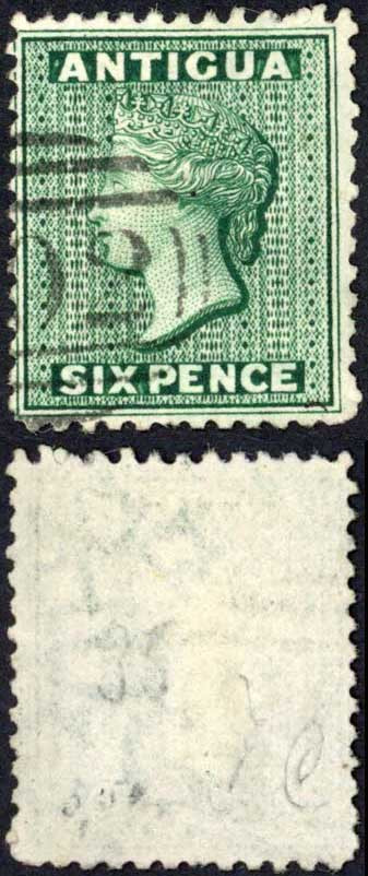 antigua-sg15x-6d-blue-green-wmk-crown-cc-reversed-cat-14-pounds