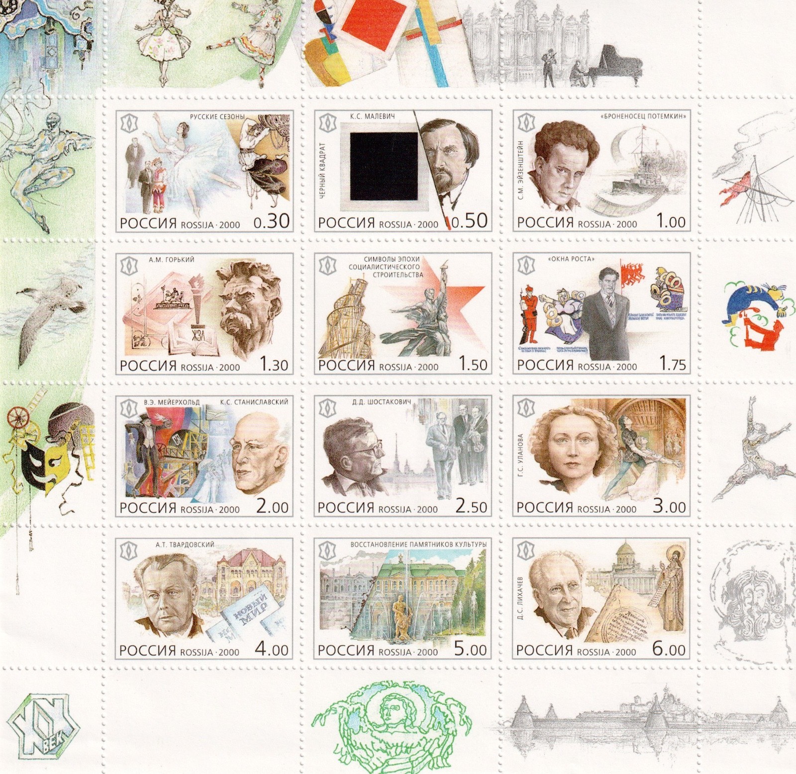 russia-2000-the-20th-century-3rd-issue-culture-sheetlet-sg-6950a-mnh